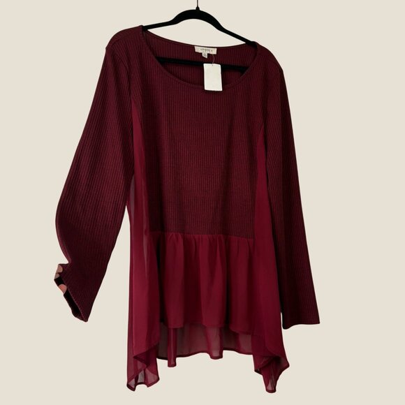 NWT Umgee Red Ribbed Long Sleeve Sheer Panel High-Low Hem Top 2XL Womens - Picture 1 of 9